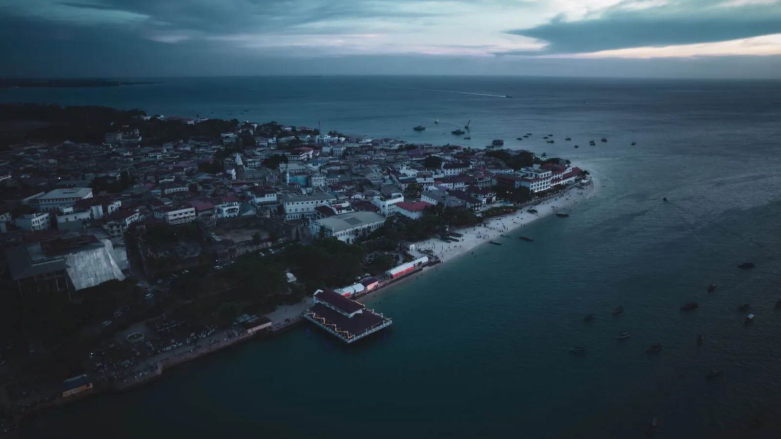 Aerial view of Stone Town on its point at dusk