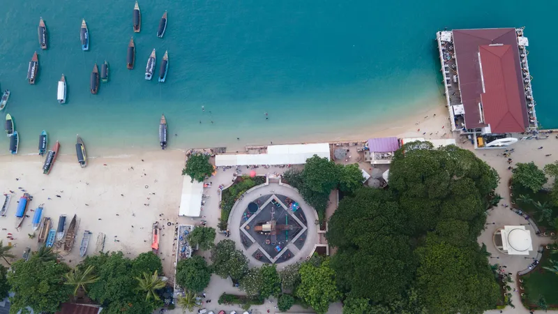 Top-down aerial view of boats moored off the Stone Town waterfront and gardens by the beach