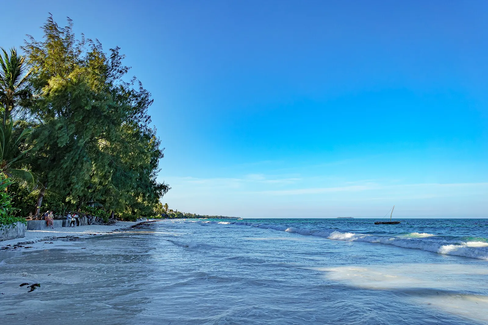 Waves along Nungwi beach, with casuarina trees and a dhow offshore