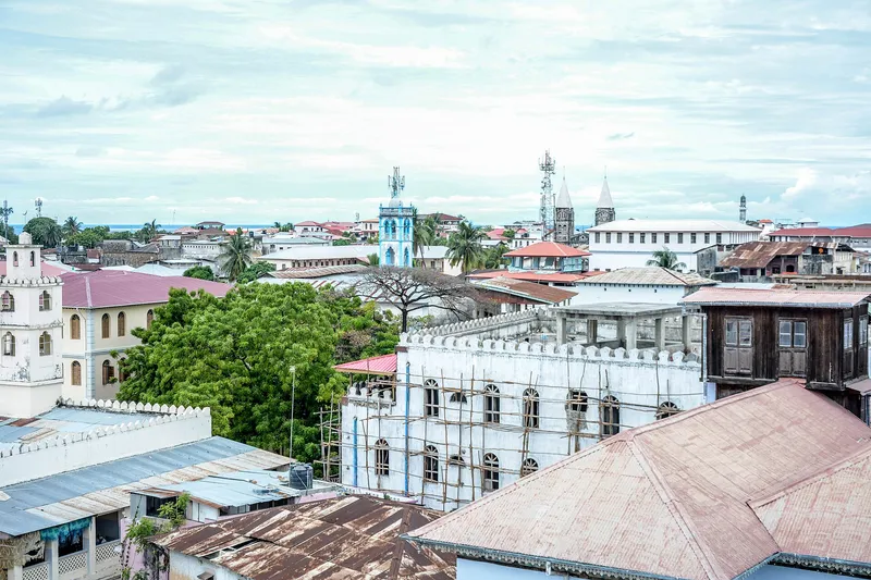 Rooftops of Stone Town with minarets and church spires behind