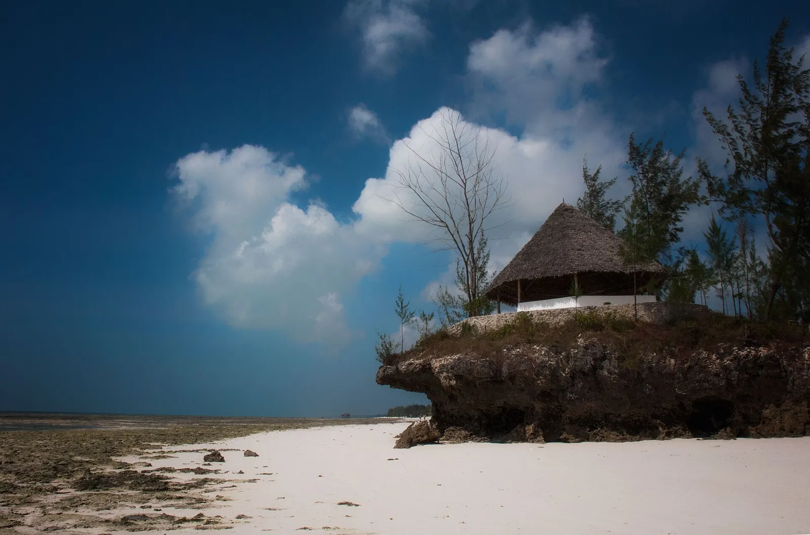 Thatched shelter on a coral outcrop above a white beach at low tide, Zanzibar