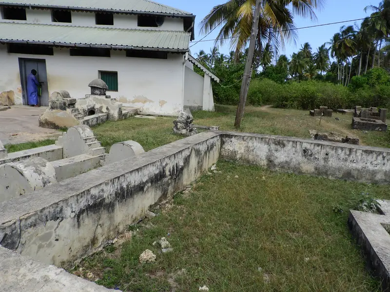 Kizimkazi mosque from the side, with walled graves and palms in the yard