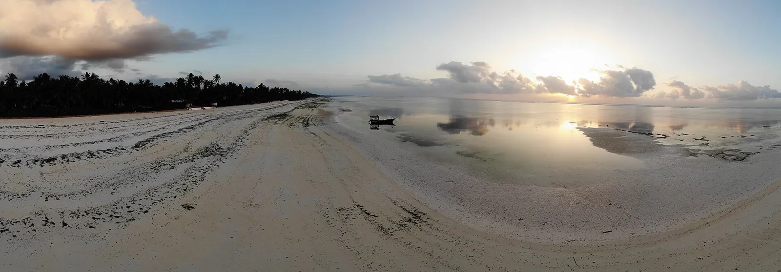 Wide view of a white-sand beach at low tide with palms on the left and sun behind clouds